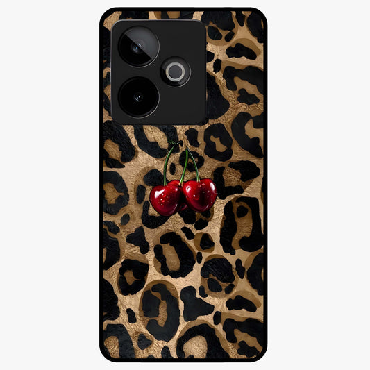 Leopard Wild Cherry Glass Case showing flat back view with leopard pattern and cherry artwork and glossy glass finish.