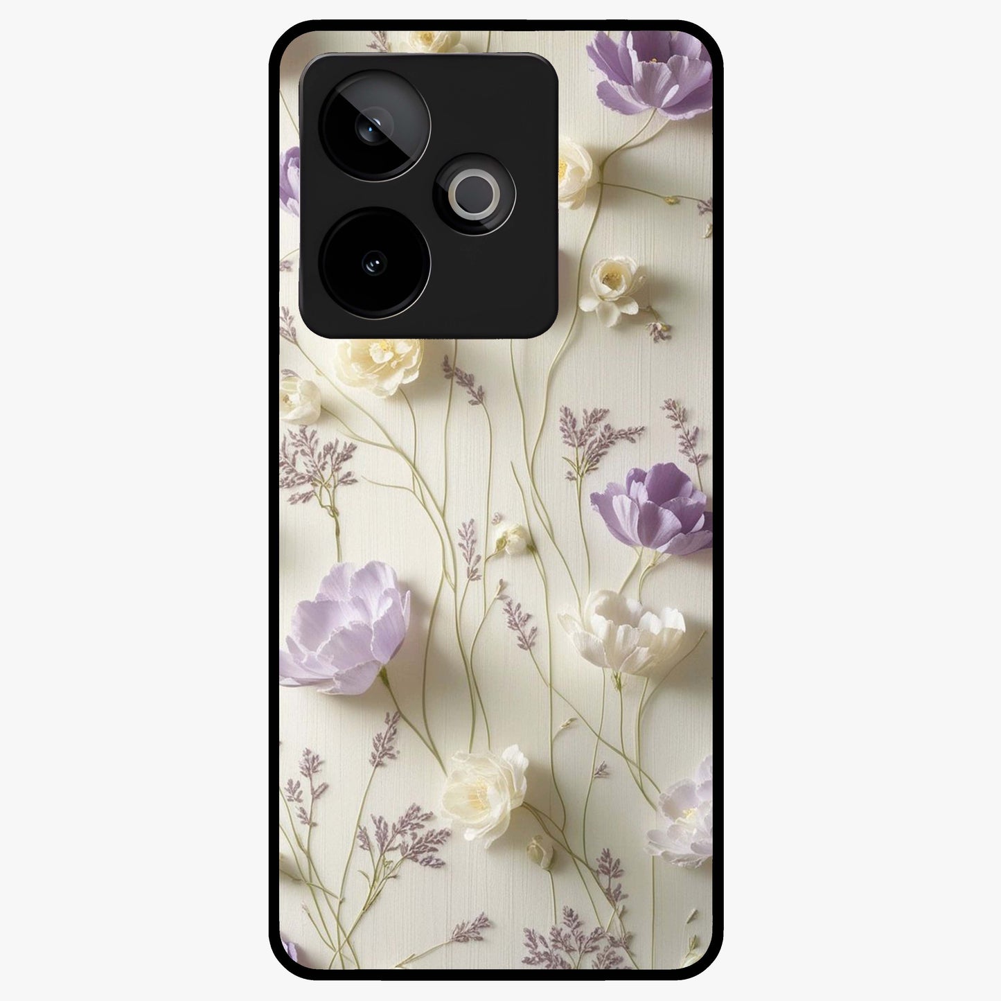 Lilac Breeze Harmony Glass Case showing flat back view with soft lilac themed artwork and glossy glass finish.
