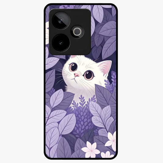 Lilac Hide Peek Cat Glass Case showing flat back view with cute peeking cat artwork and glossy glass finish.
