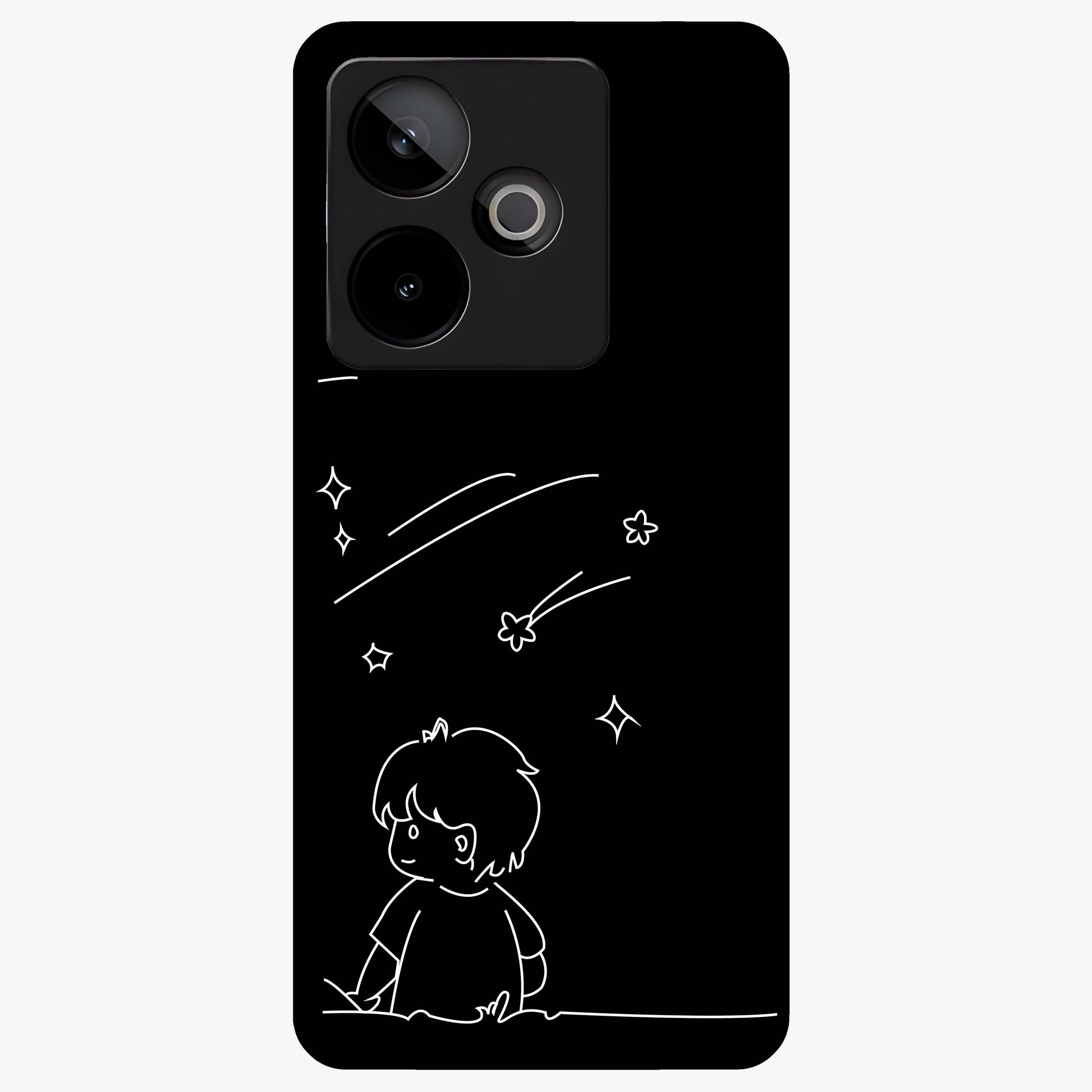 Line Art Boy With Shooting Stars Glass Case showing flat back view with minimal line art boy and shooting stars illustration and glossy glass finish.
