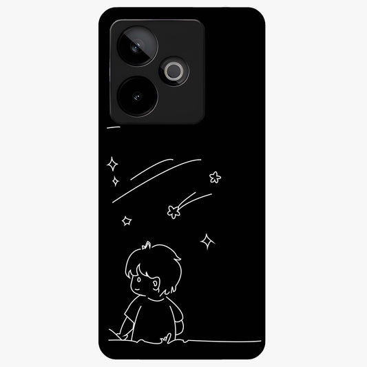 Line Art Boy With Shooting Stars Glass Case showing flat back view with minimal line art boy and shooting stars illustration and glossy glass finish.