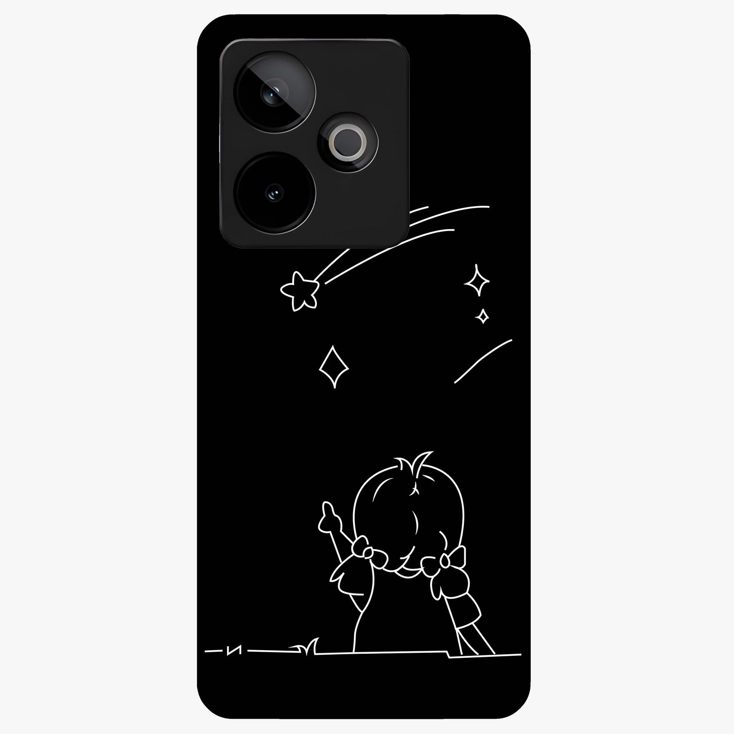 Line Art Girl With Shooting Stars Glass Case showing flat back view with minimal line art girl and shooting stars illustration and glossy glass finish.