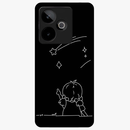 Line Art Girl With Shooting Stars Glass Case showing flat back view with minimal line art girl and shooting stars illustration and glossy glass finish.