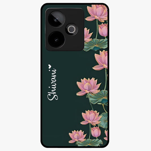 Lotus Bloom Serenity Custom Name Glass Case showing flat back view with elegant lotus flower artwork and personalized name design.
