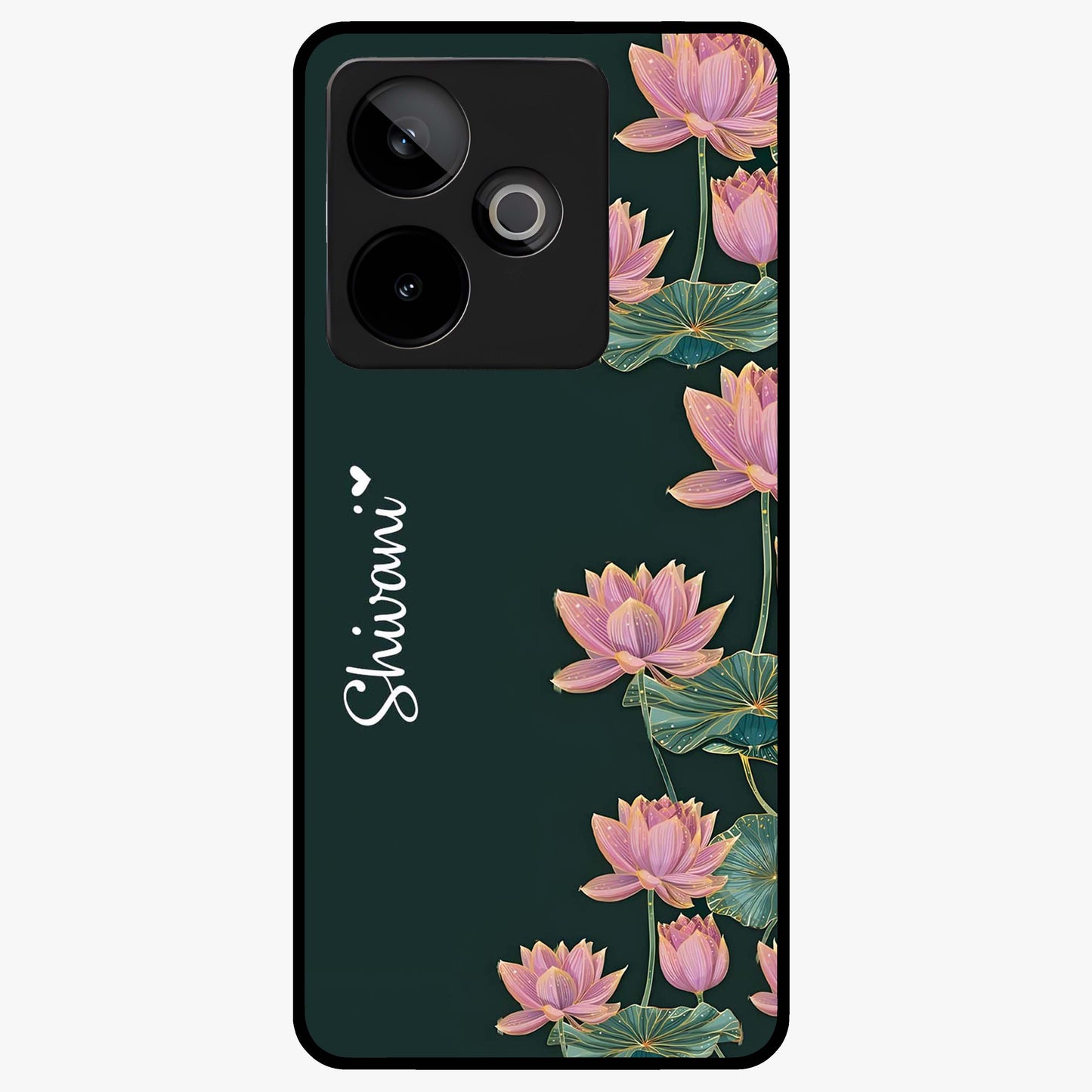 Lotus Bloom Serenity Custom Name Glass Case showing flat back view with elegant lotus flower artwork and personalized name design.