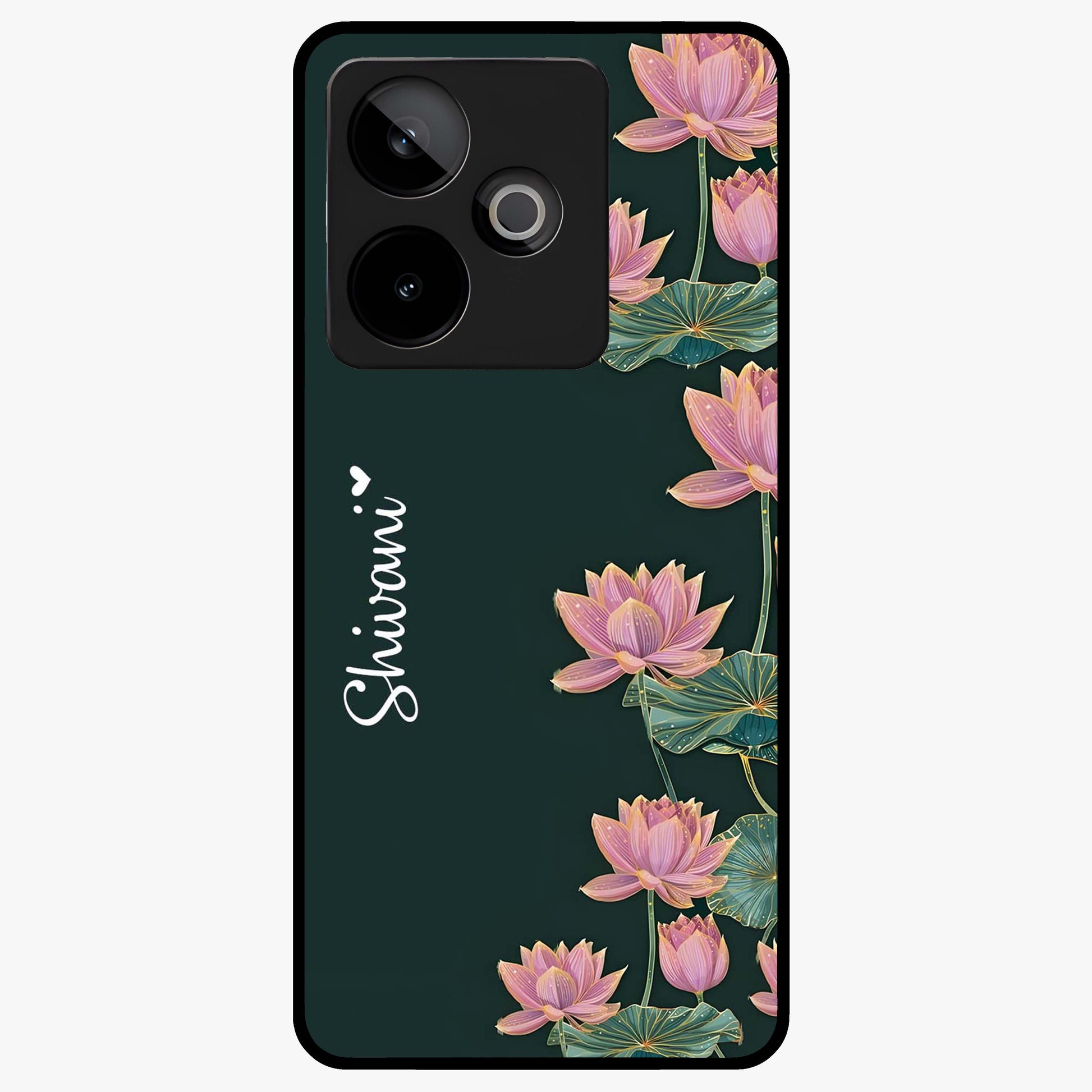 Lotus Bloom Serenity Custom Name Glass Case showing flat back view with elegant lotus flower artwork and personalized name design.