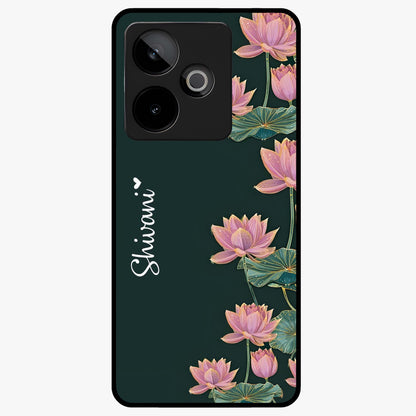 Lotus Bloom Serenity Custom Name Glass Case showing flat back view with elegant lotus flower artwork and personalized name design.