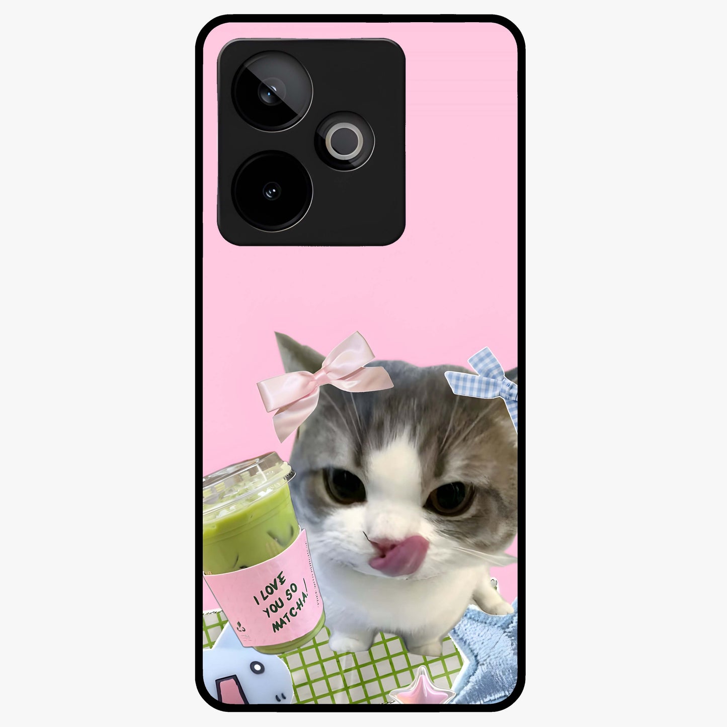 Love Matcha Cat Glass Case showing flat back view with cute cat and matcha themed artwork and glossy glass finish.