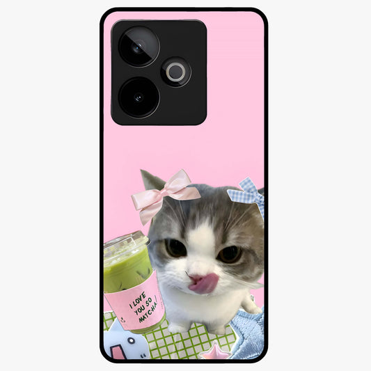 Love Matcha Cat Glass Case showing flat back view with cute cat and matcha themed artwork and glossy glass finish.