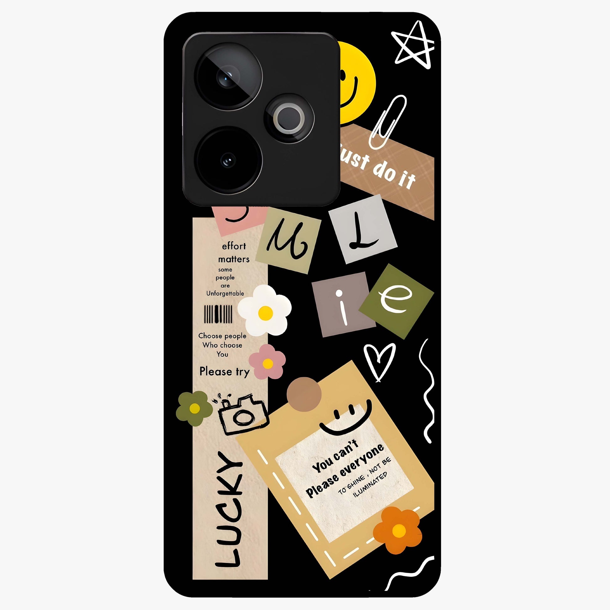 Lucky Aesthetic Collage Glass Case showing flat back view with trendy aesthetic collage artwork and glossy glass finish.