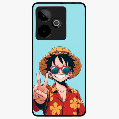 Luffy Summer Anime Vibe Glass Case showing flat back view with vibrant anime character artwork and glossy glass finish.