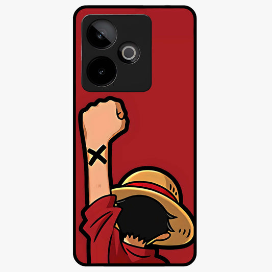 Luffy X Spirit Glass Case showing flat back view with bold anime character artwork and glossy glass finish.