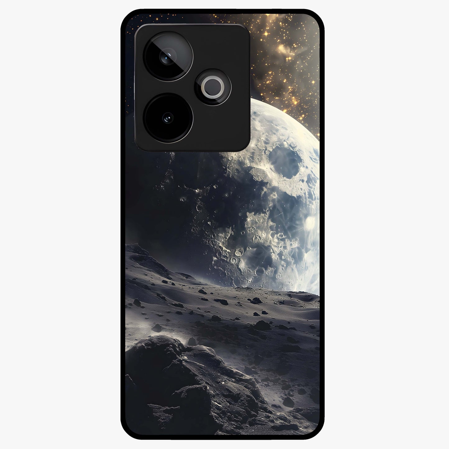 Lunar Horizon Glow Glass Case showing flat back view with glowing moon horizon artwork and glossy glass finish.