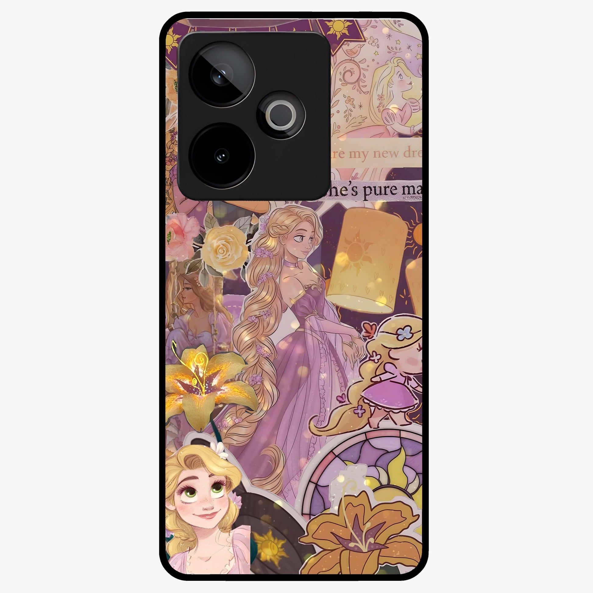 Magical Tangled Dream Glass Case showing flat back view with dreamy tangled artwork and glossy glass finish.