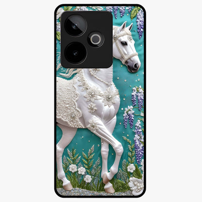 Majestic Floral Stallion Glass Case showing flat back view with powerful horse and floral artwork and glossy glass finish.