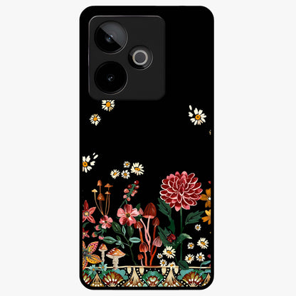 Midnight Bloom Pattern Glass Case showing flat back view with dark floral pattern artwork and glossy glass finish.