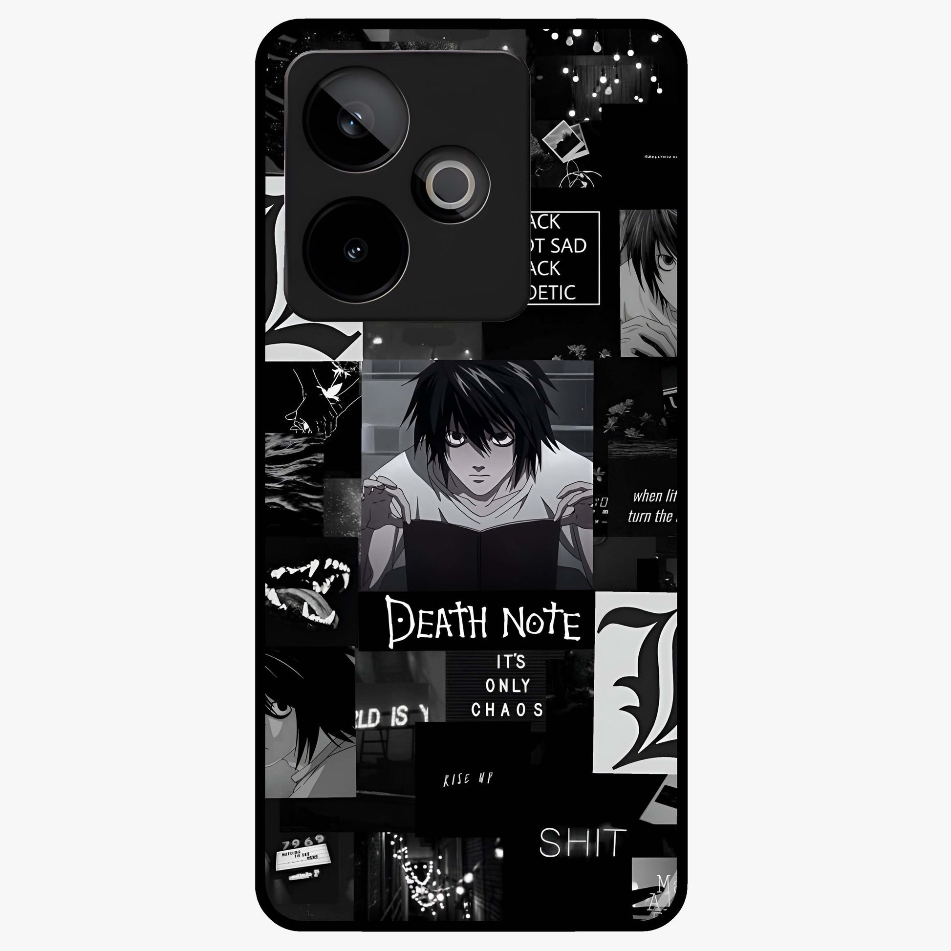 Midnight Chaos Mind Glass Case showing flat back view with abstract dark themed artwork and glossy glass finish.