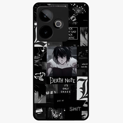 Midnight Chaos Mind Glass Case showing flat back view with abstract dark themed artwork and glossy glass finish.