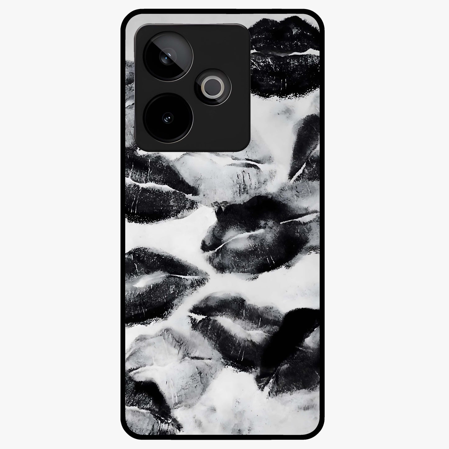 Midnight Kiss Marks Glass Case showing flat back view with lipstick kiss mark artwork and glossy glass finish.