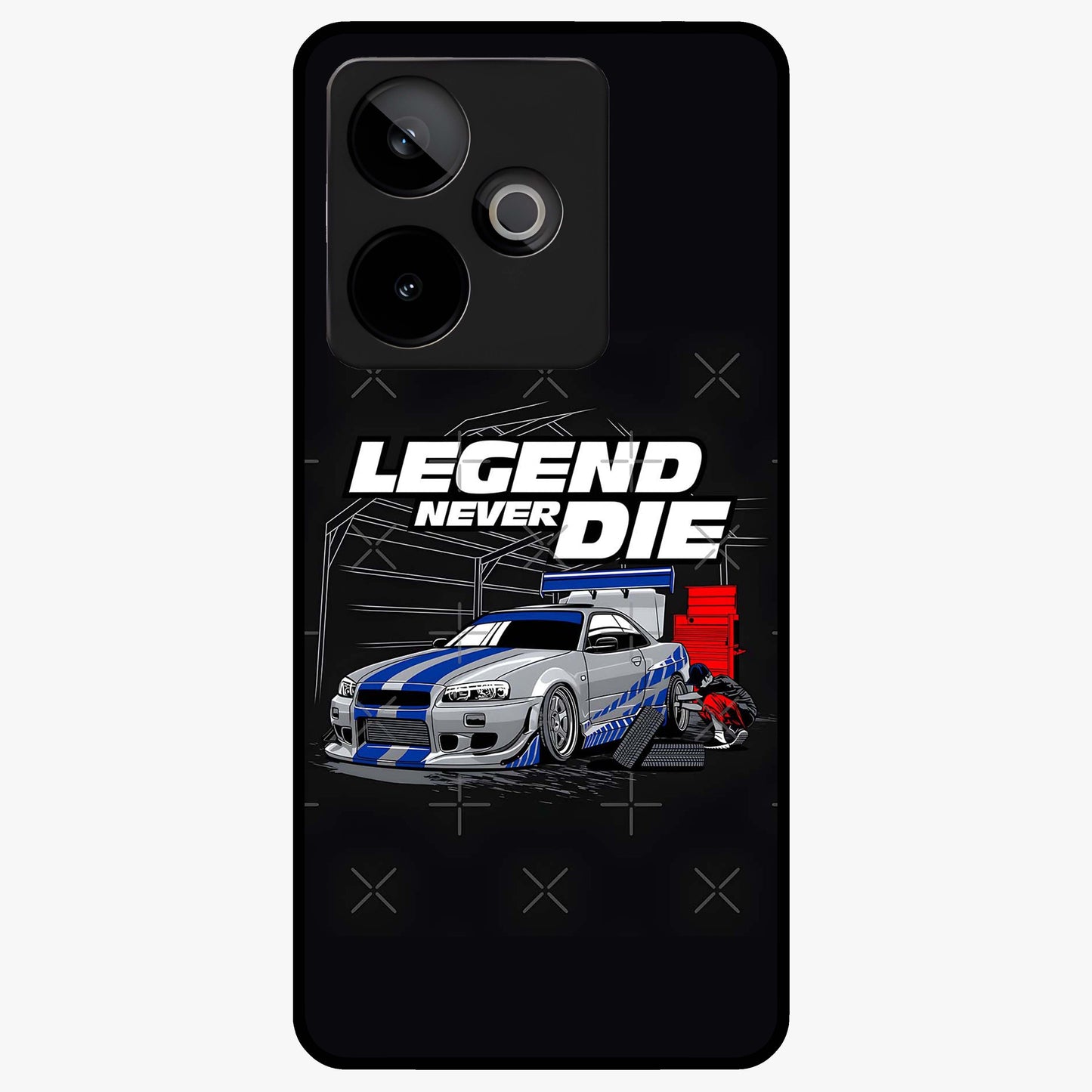 Midnight Racing Legacy Glass Case showing flat back view with sleek racing inspired artwork and glossy glass finish.