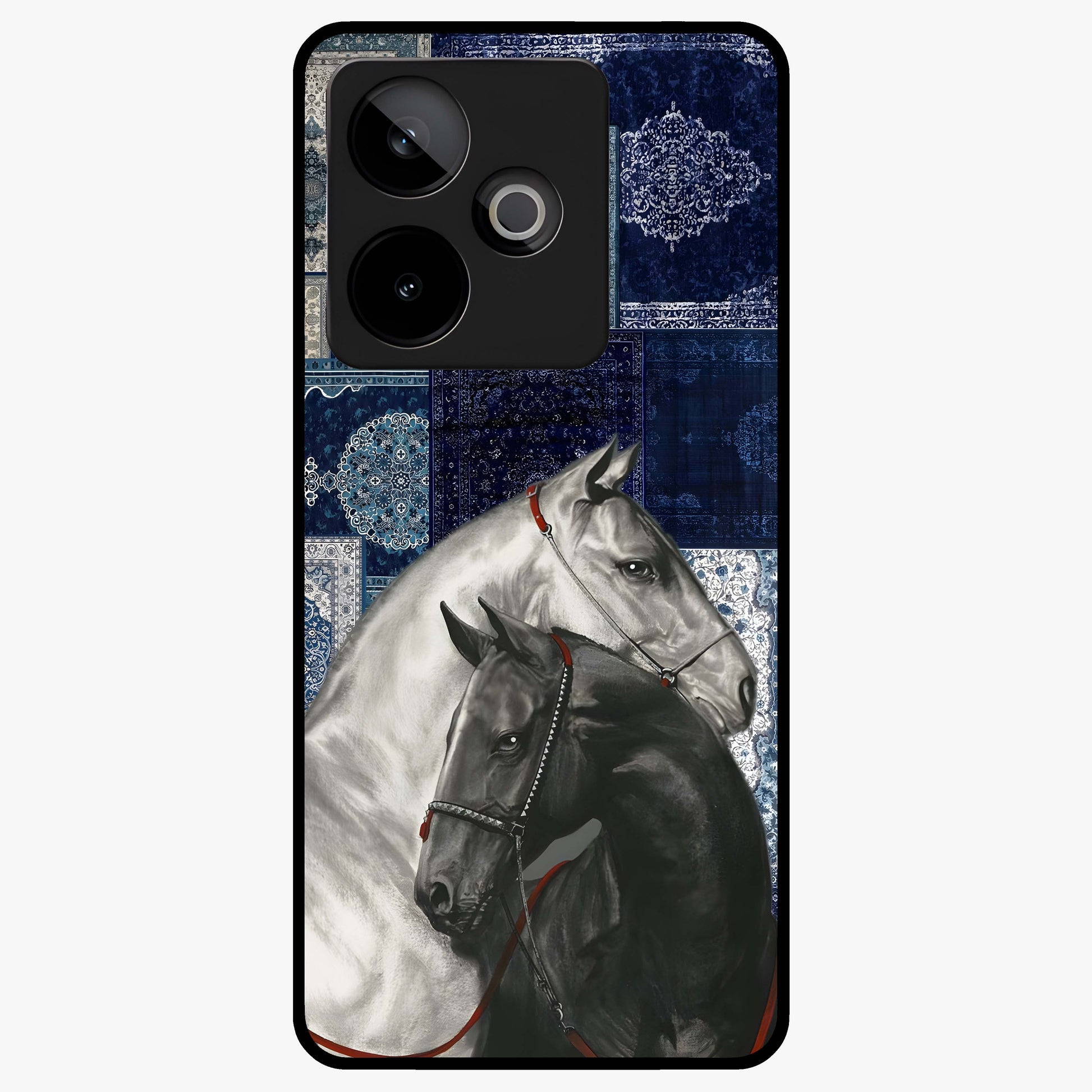 Midnight Stallion Blues Glass Case showing flat back view with majestic horse artwork and glossy glass finish.