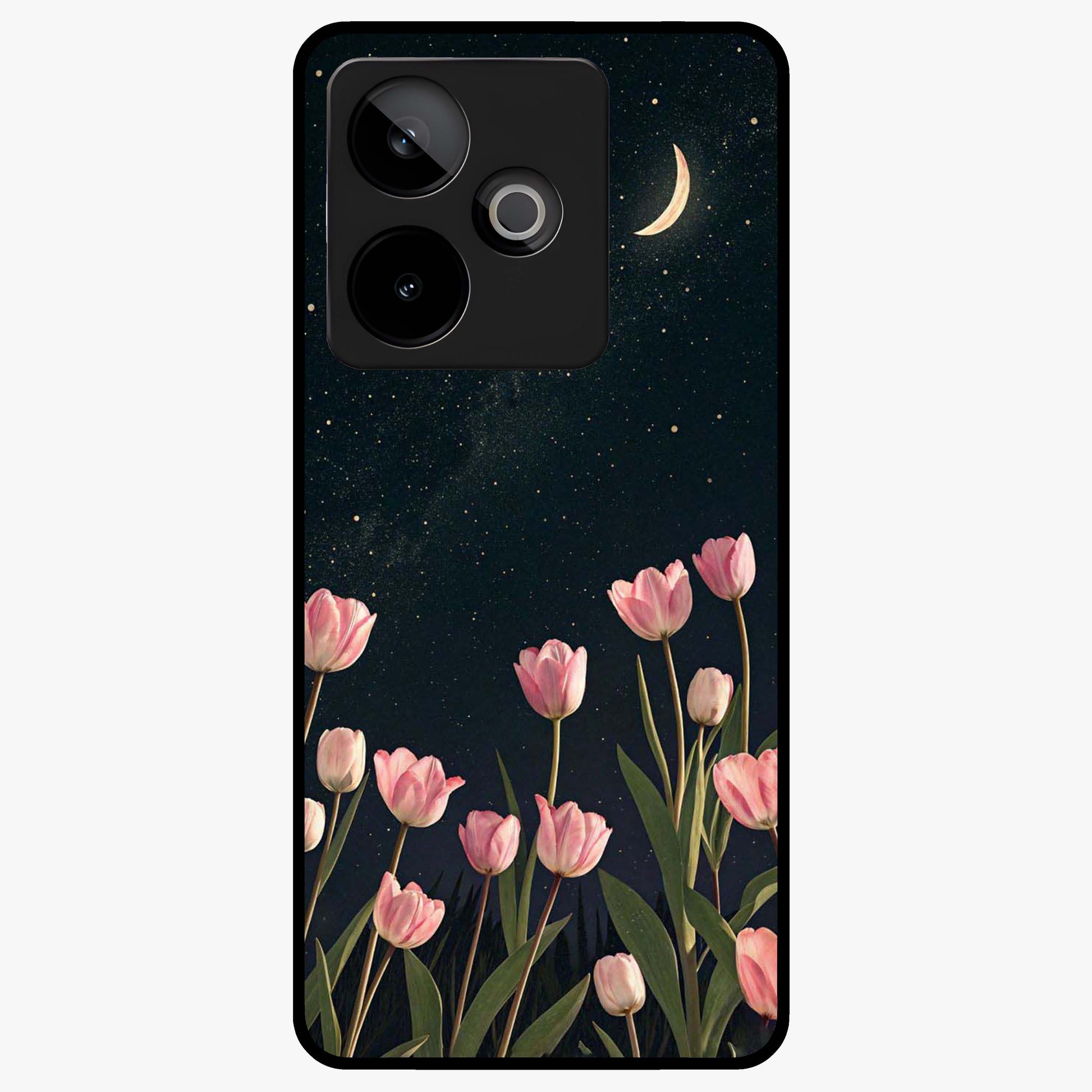 Midnight Tulip Whispers Vibe Glass Case showing flat back view with elegant tulip flower artwork and glossy glass finish.