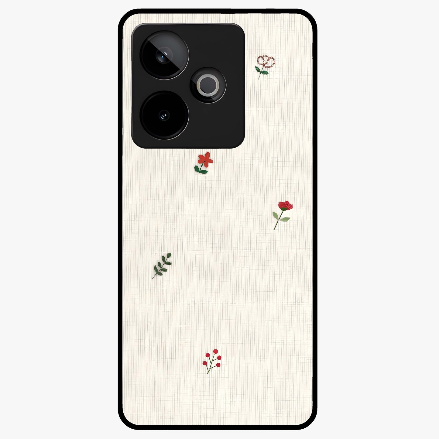 Minimal Petal Whispers Glass Case showing flat back view with soft minimal floral artwork and glossy glass finish.