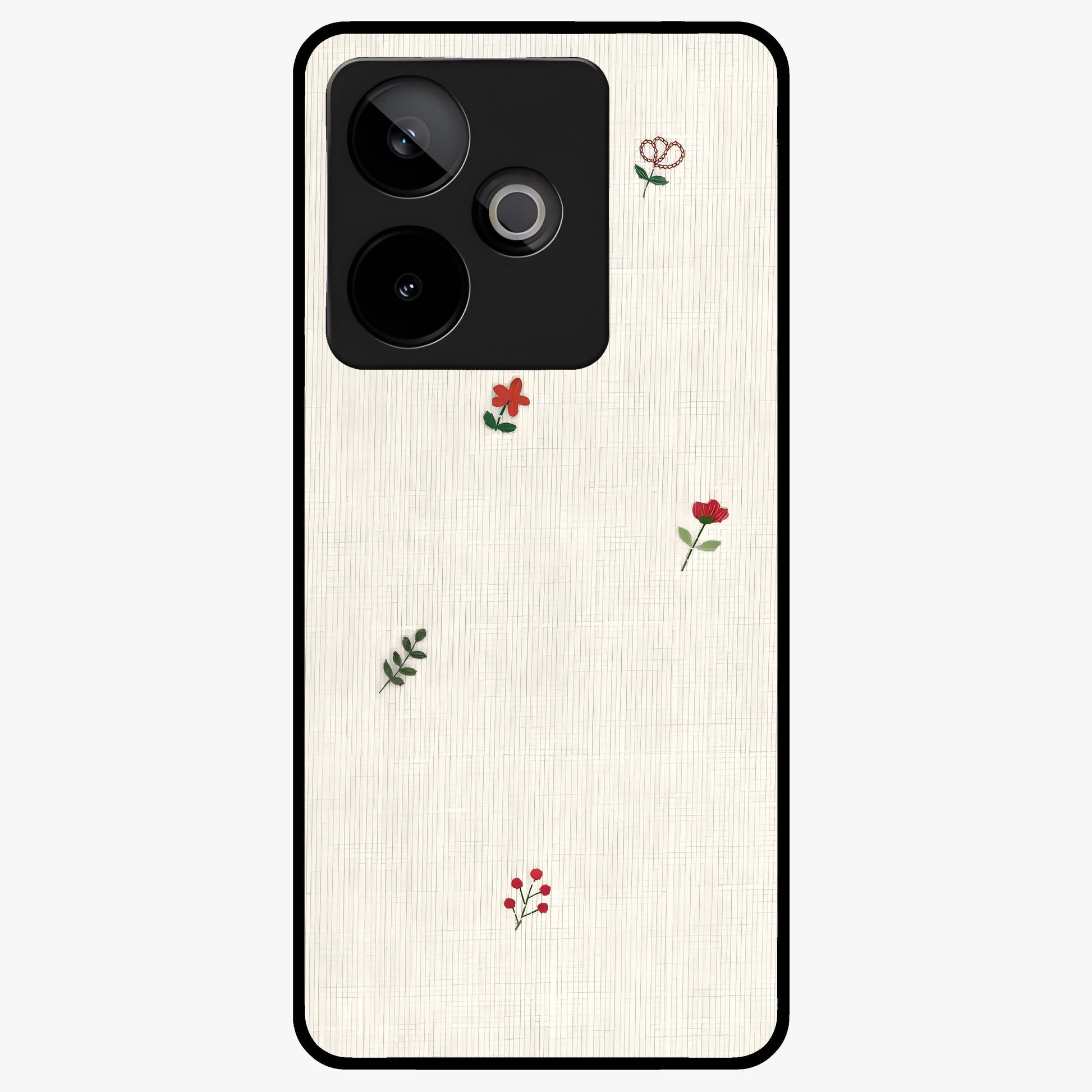 Minimal Petal Whispers Glass Case showing flat back view with soft minimal floral artwork and glossy glass finish.