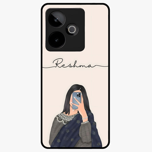 Mirror Mood Muse With Custom Name Glass Case showing flat back view with stylish mirrored artwork and personalized name design.