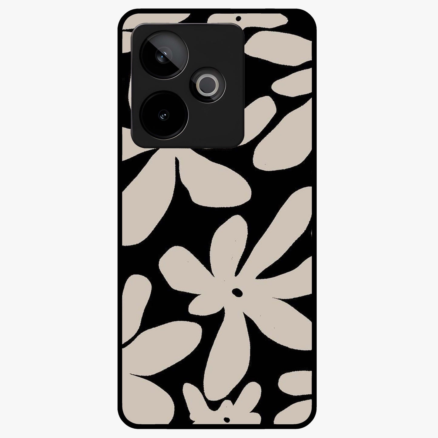 Monochrome Petal Dance Glass Case showing flat back view with monochrome floral artwork and glossy glass finish.
