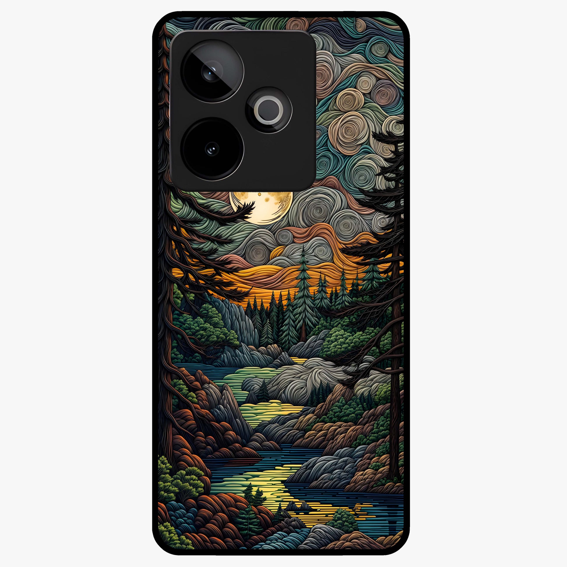 Moonlight Forest Dream Glass Case showing flat back view with mystical forest moonlight artwork and glossy glass finish.