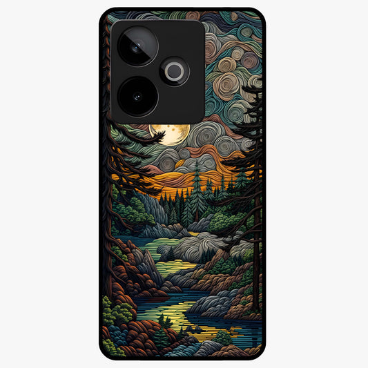Moonlight Forest Dream Glass Case showing flat back view with mystical forest moonlight artwork and glossy glass finish.