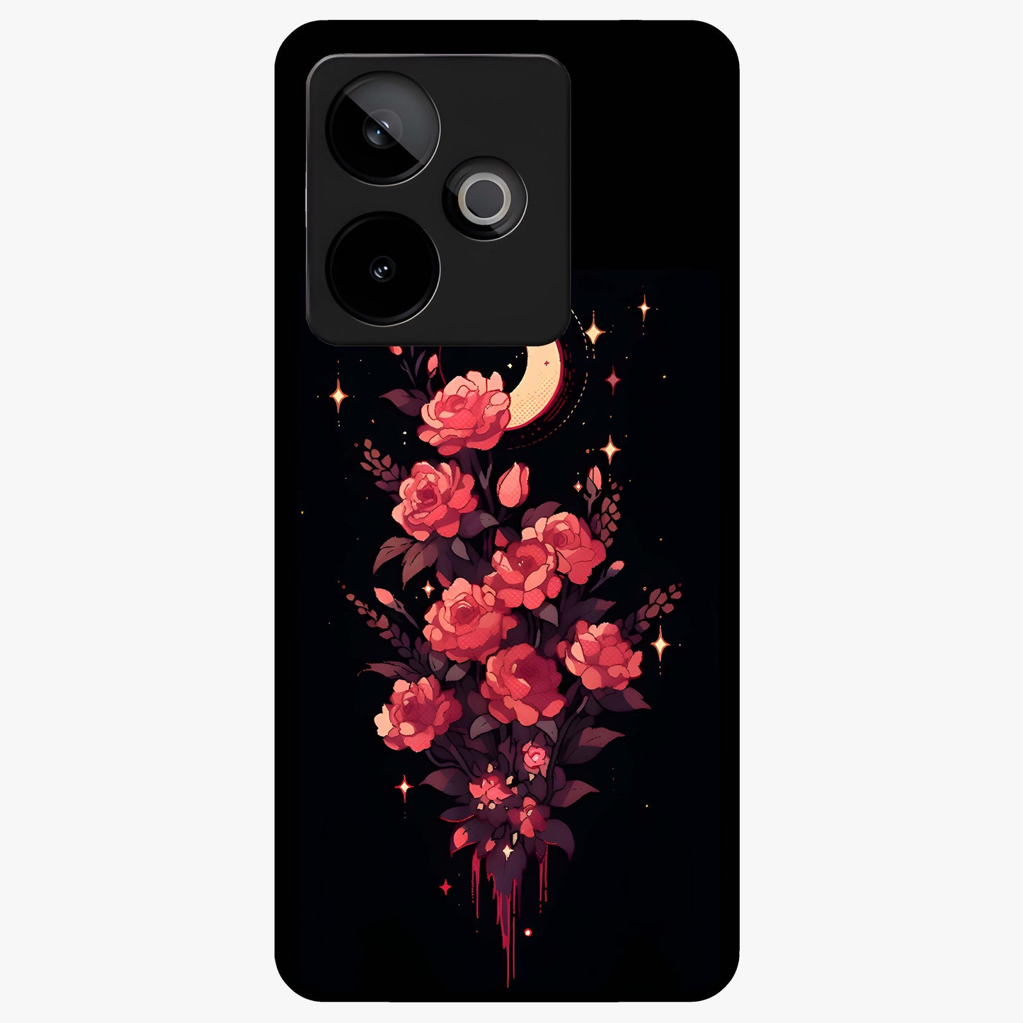 Moonlit Floral Elegance Glass Case showing flat back view with elegant floral artwork under moonlit tones and glossy glass finish.