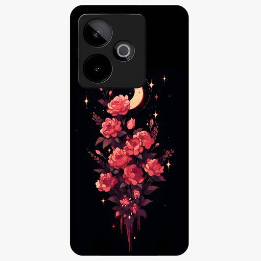 Moonlit Floral Elegance Glass Case showing flat back view with elegant floral artwork under moonlit tones and glossy glass finish.