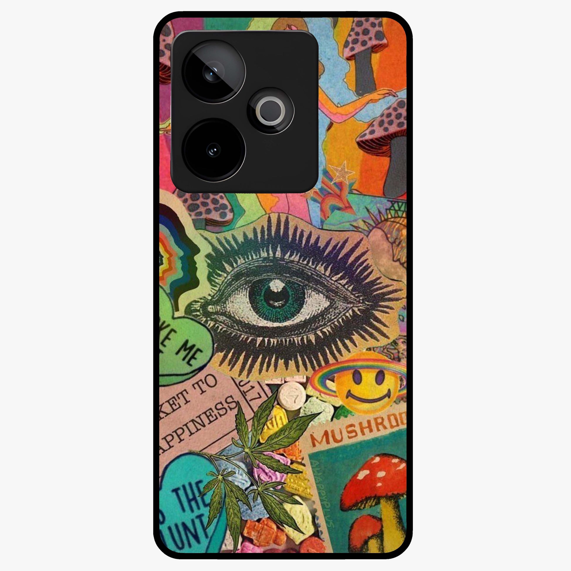Mystic Eye Wonderland Glass Case showing flat back view with mystical eye themed artwork and glossy glass finish.