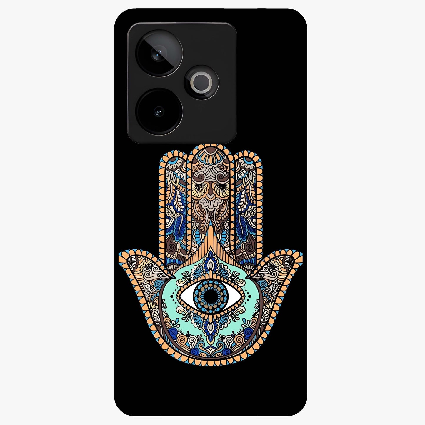 Mystic Hamsa Eye Glass Case showing flat back view with protective hamsa hand and evil eye artwork and glossy glass finish.