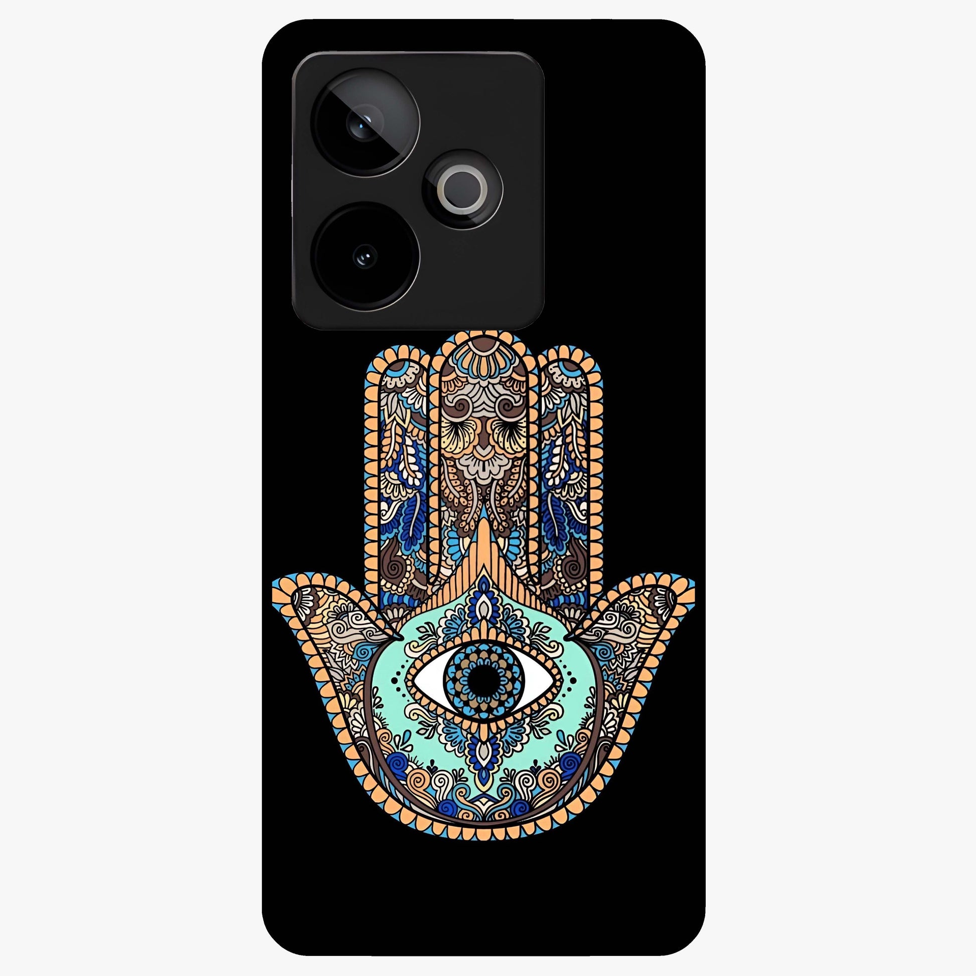 Mystic Hamsa Eye Glass Case showing flat back view with protective hamsa hand and evil eye artwork and glossy glass finish.