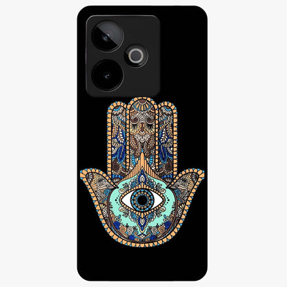 Mystic Hamsa Eye Glass Case showing flat back view with protective hamsa hand and evil eye artwork and glossy glass finish.