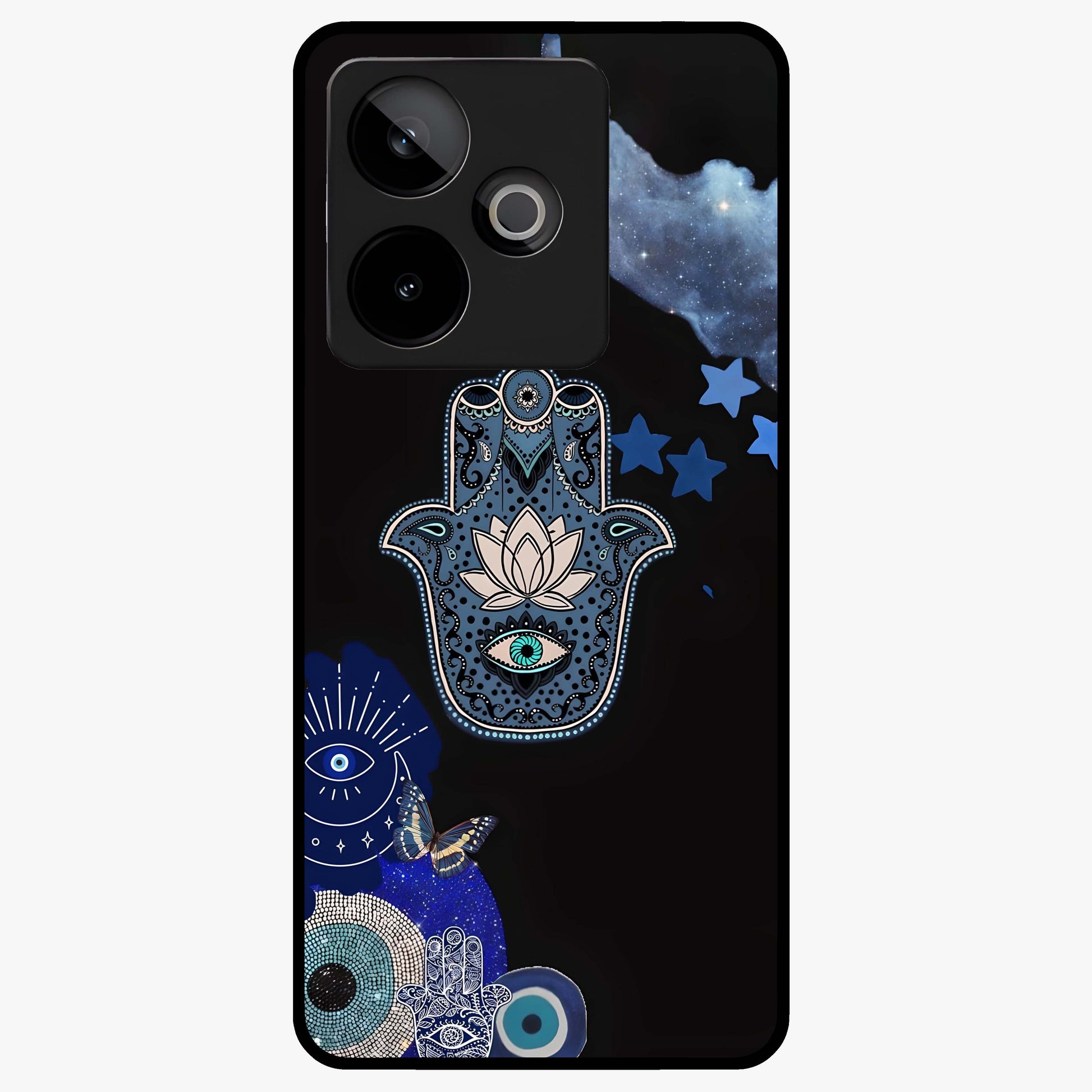 Mystic Hand Aura Glass Case showing flat back view with mystical hand symbol artwork and glossy glass finish.