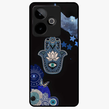 Mystic Hand Aura Glass Case showing flat back view with mystical hand symbol artwork and glossy glass finish.