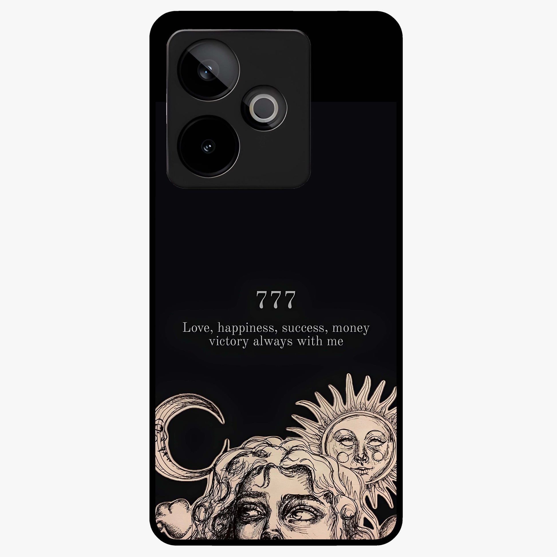 Mystic Victory Aura Glass Case showing flat back view with victory symbol artwork and glossy glass finish.