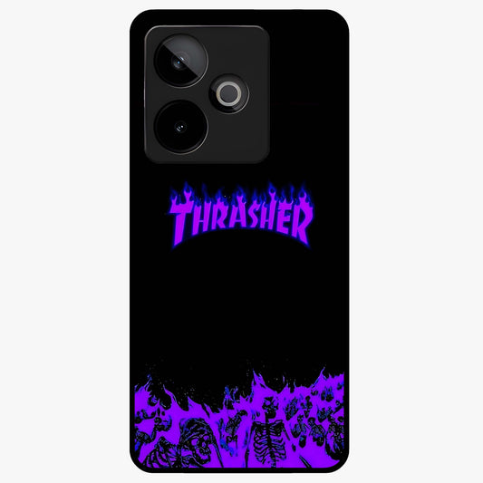 Neon Flame Riot Glass Case showing flat back view with neon flame artwork and glossy glass finish.