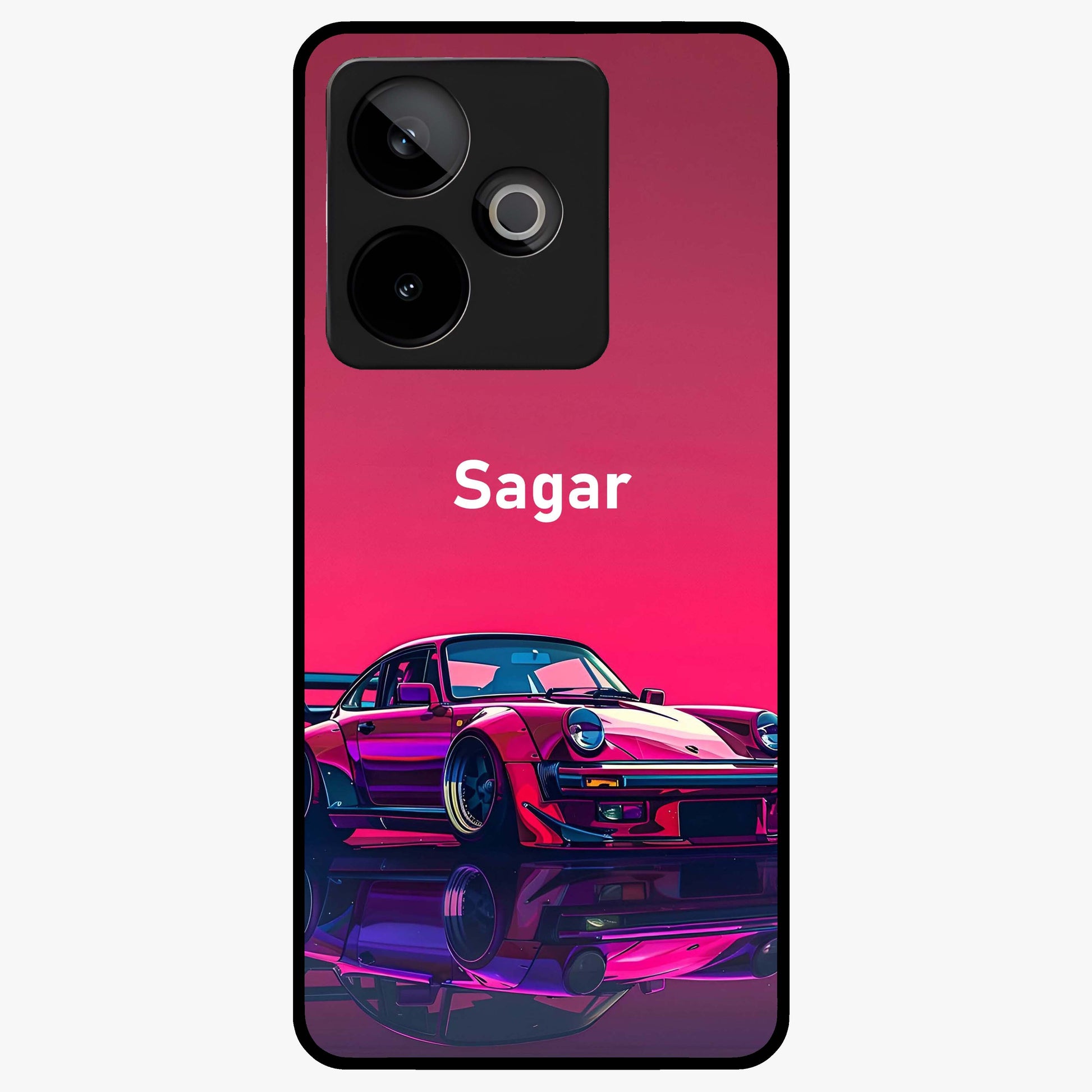 Neon Pink Porsche Glass Case showing flat back view with stylish sports car artwork and glossy glass finish.