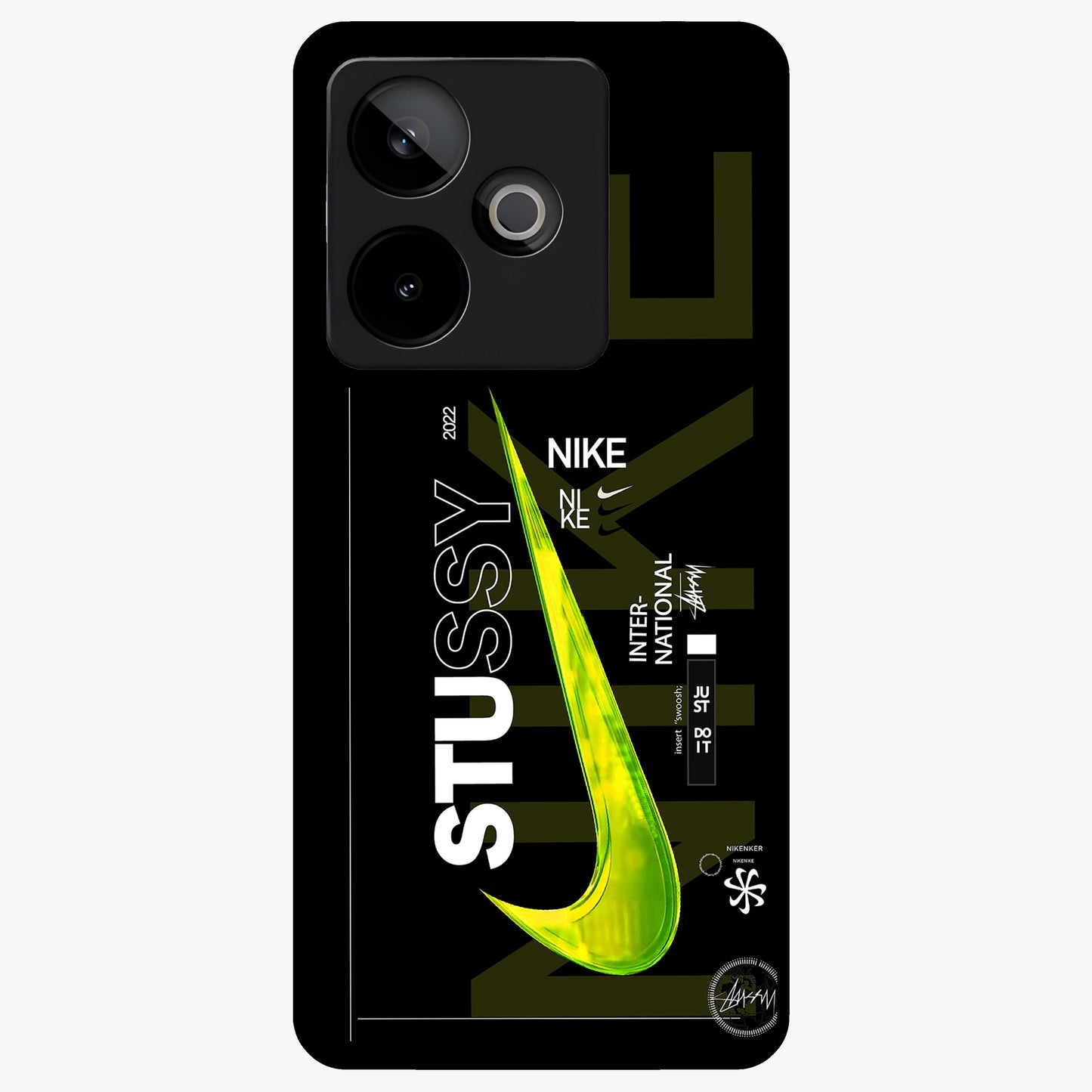 Neon Street Edition Glass Case showing flat back view with neon street style artwork and glossy glass finish.