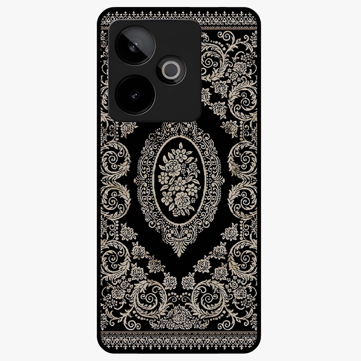Noir Bloom Elegance Glass Case showing flat back view with elegant dark floral artwork and glossy glass finish.