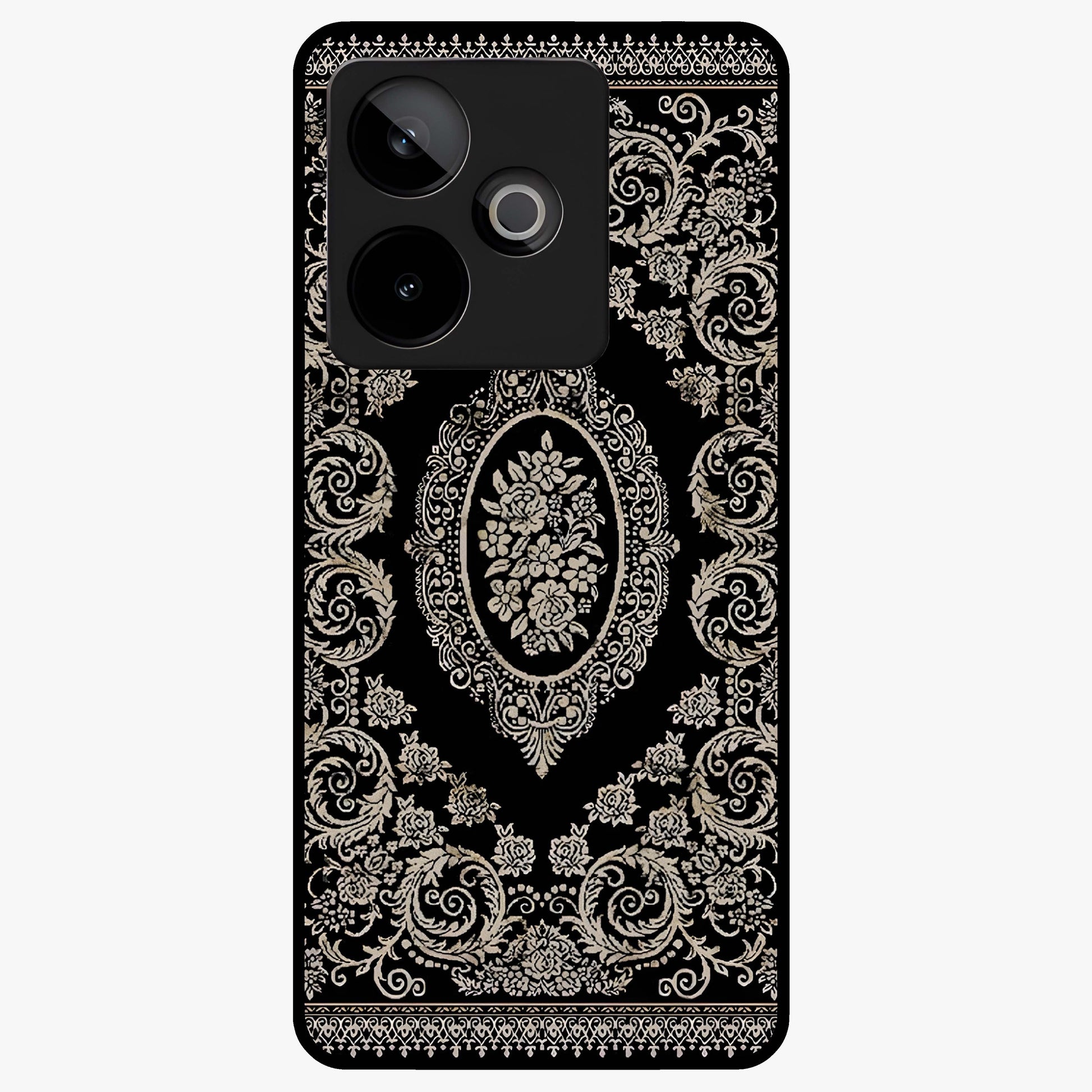 Noir Bloom Elegance Glass Case showing flat back view with elegant dark floral artwork and glossy glass finish.