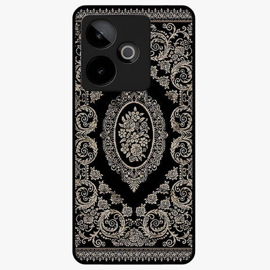 Noir Bloom Elegance Glass Case showing flat back view with elegant dark floral artwork and glossy glass finish.