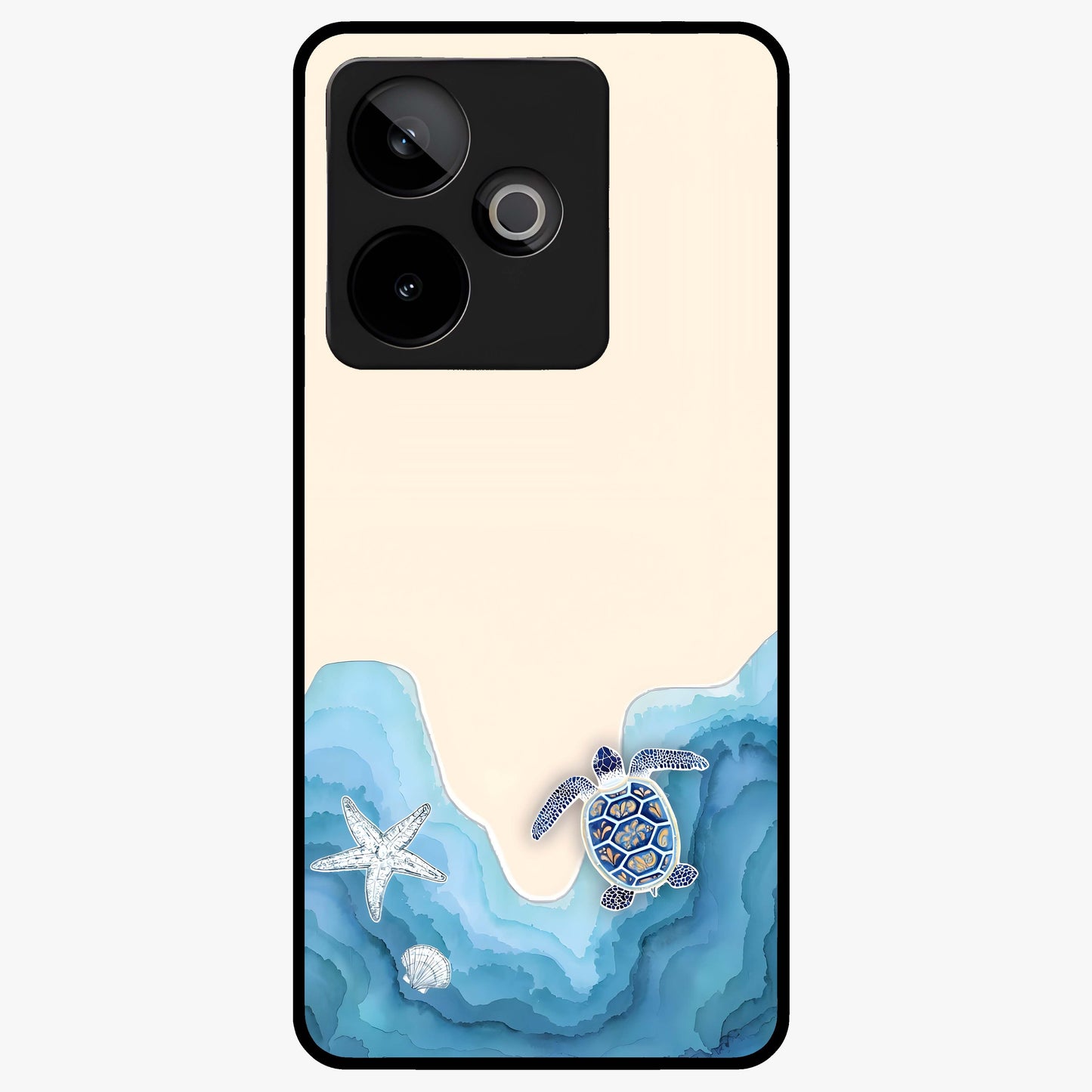 Ocean Drift Turtle Glass Case showing flat back view with sea turtle artwork and glossy glass finish.