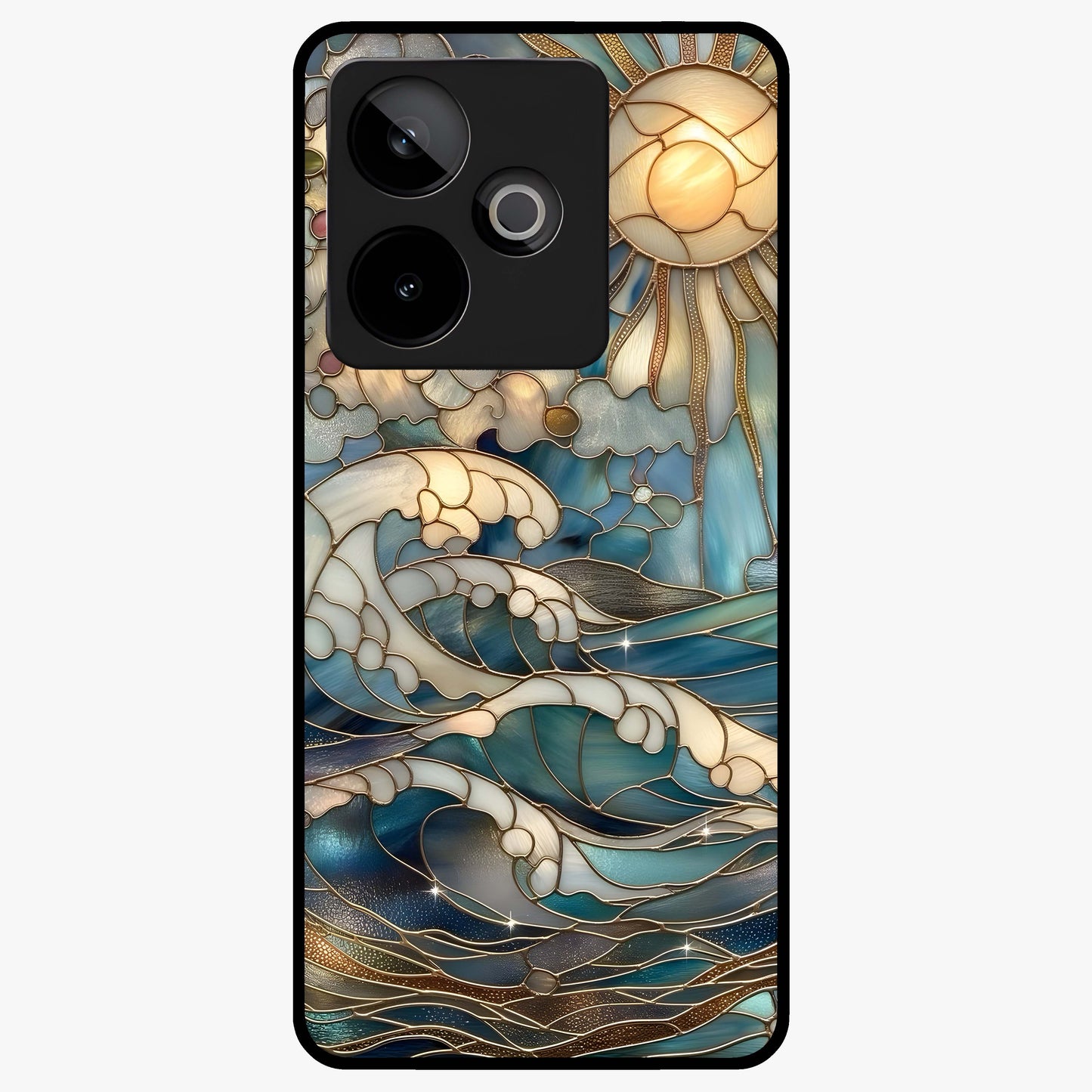 Oceanic Stained Printed Glass Case showing flat back view with ocean inspired stained pattern artwork and glossy glass finish.