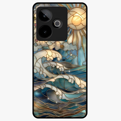 Oceanic Stained Printed Glass Case showing flat back view with ocean inspired stained pattern artwork and glossy glass finish.